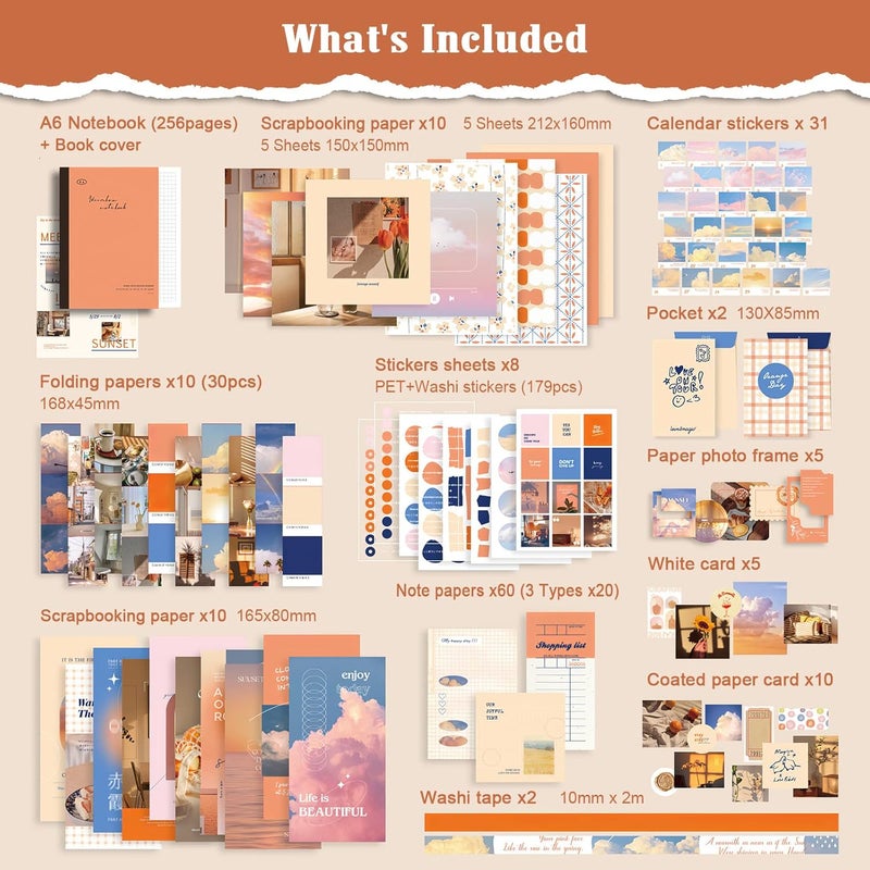 OFFIGIFT Scrapbooking Supplies Kit, 351pcs Bullet Junk Journal Kit with Journaling Supplies Aesthetic Scrapbook Paper A6 Grid Notebook, Scrapbook Kit, Art Craft DIY Gifts for Adult Women, Sunset - Image 4